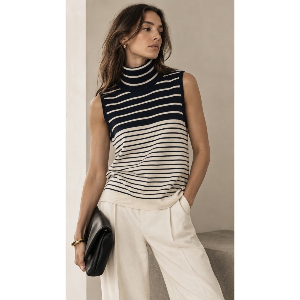 La Ligne Navy Cream Striped Sleeveless Turtleneck Sweater Vest- Large